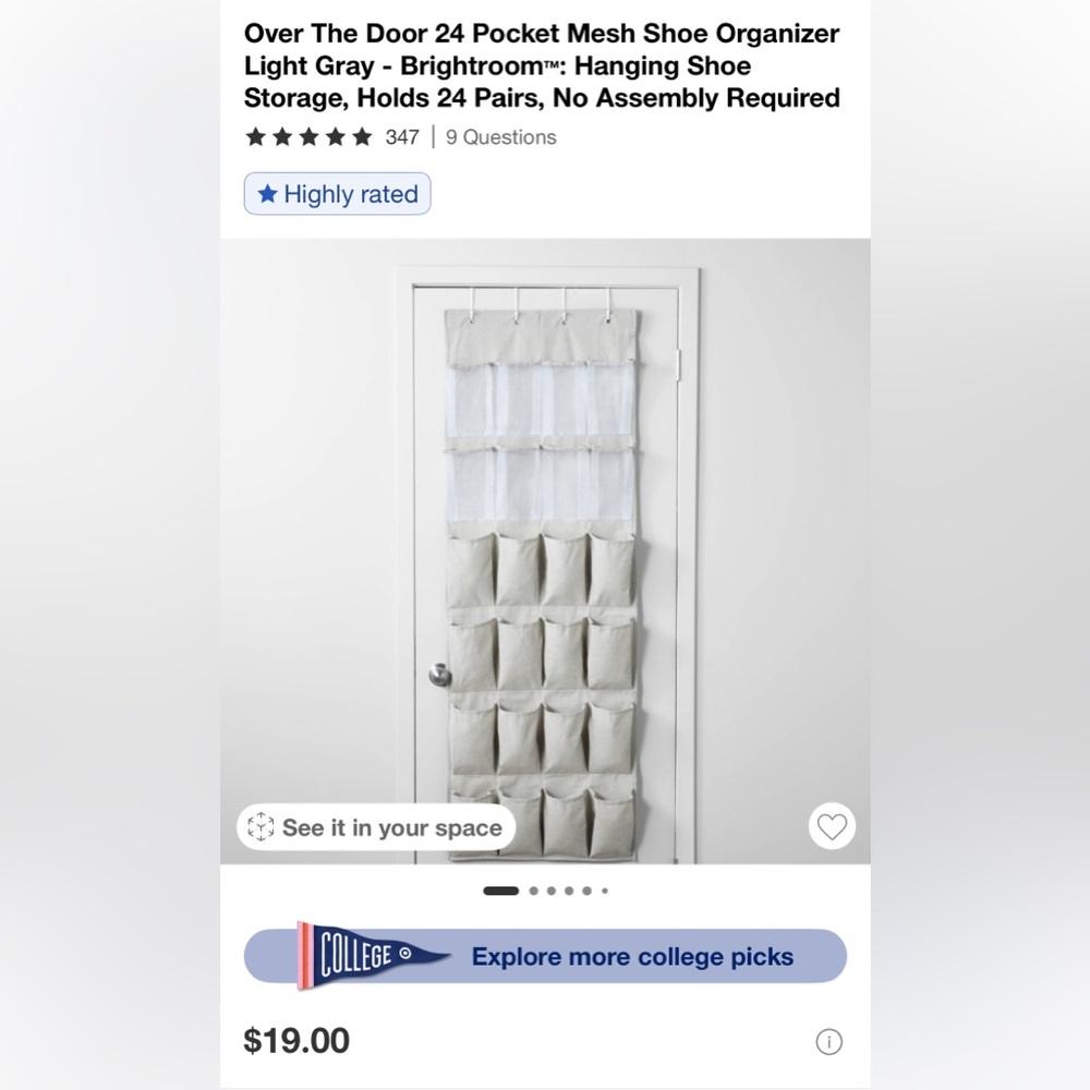 Over The Door 24 Pocket Mesh Shoe Organizer